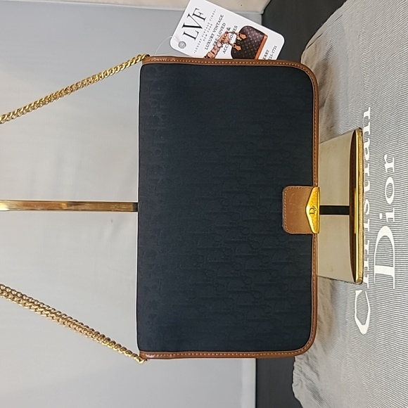 DIOR VINTAGE 1980S DIORISSIMO BLK CANVAS/LEATHER CHAIN FLAP CLUTCH/SHOULDER BAG - Picture 3 of 17